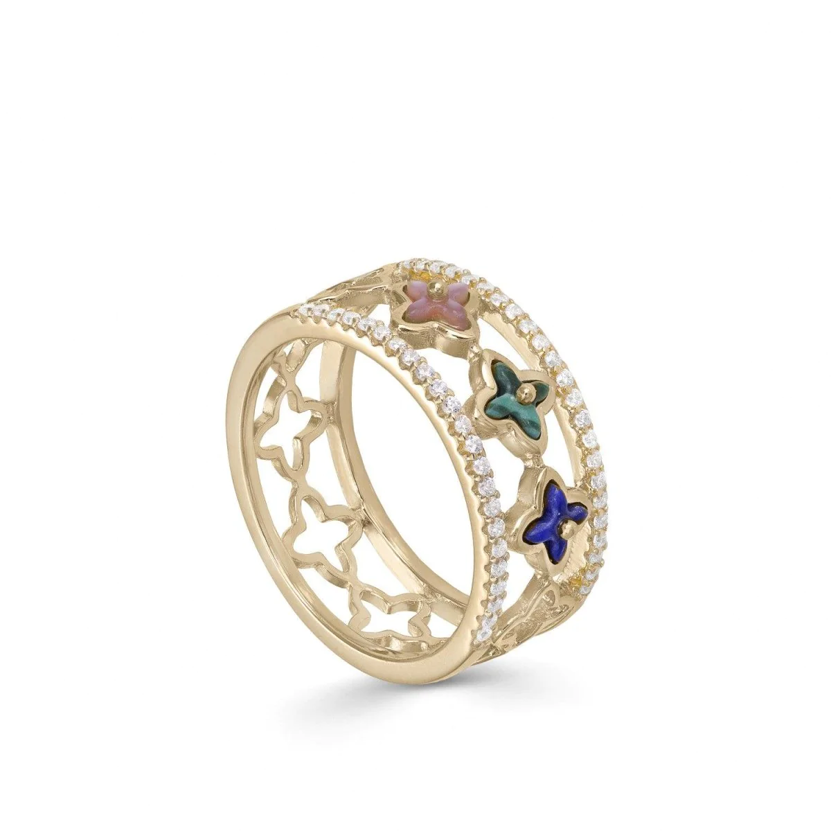 Anillos anchos diseño de triple flor y carriles de circonita