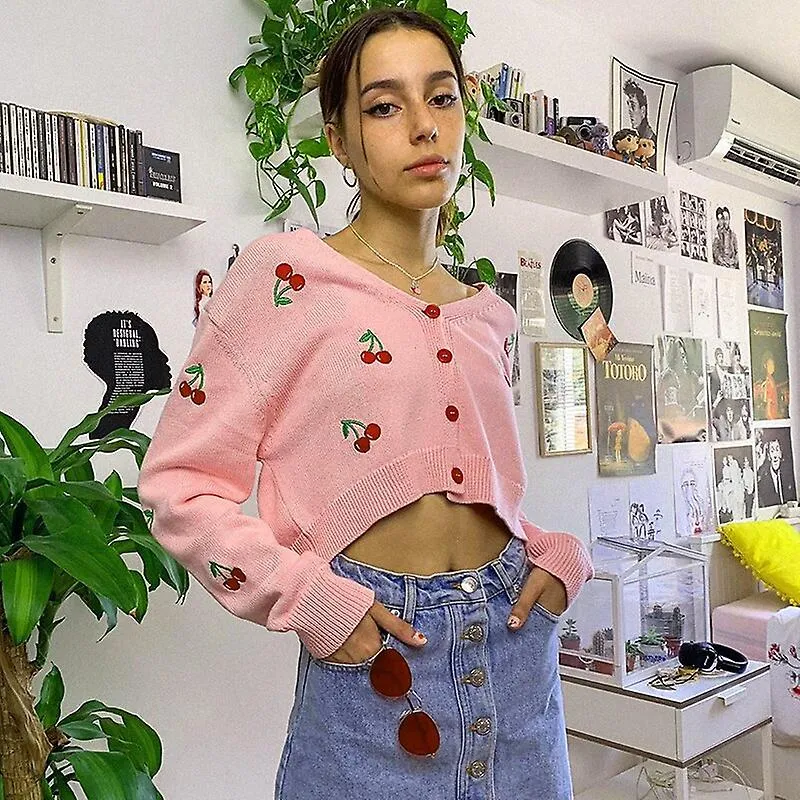 Cárdigan de punto con bordado Jersey de invierno de punto de manga larga para niña y mujer Cherry Tops de túnica blanco rosa Kaw