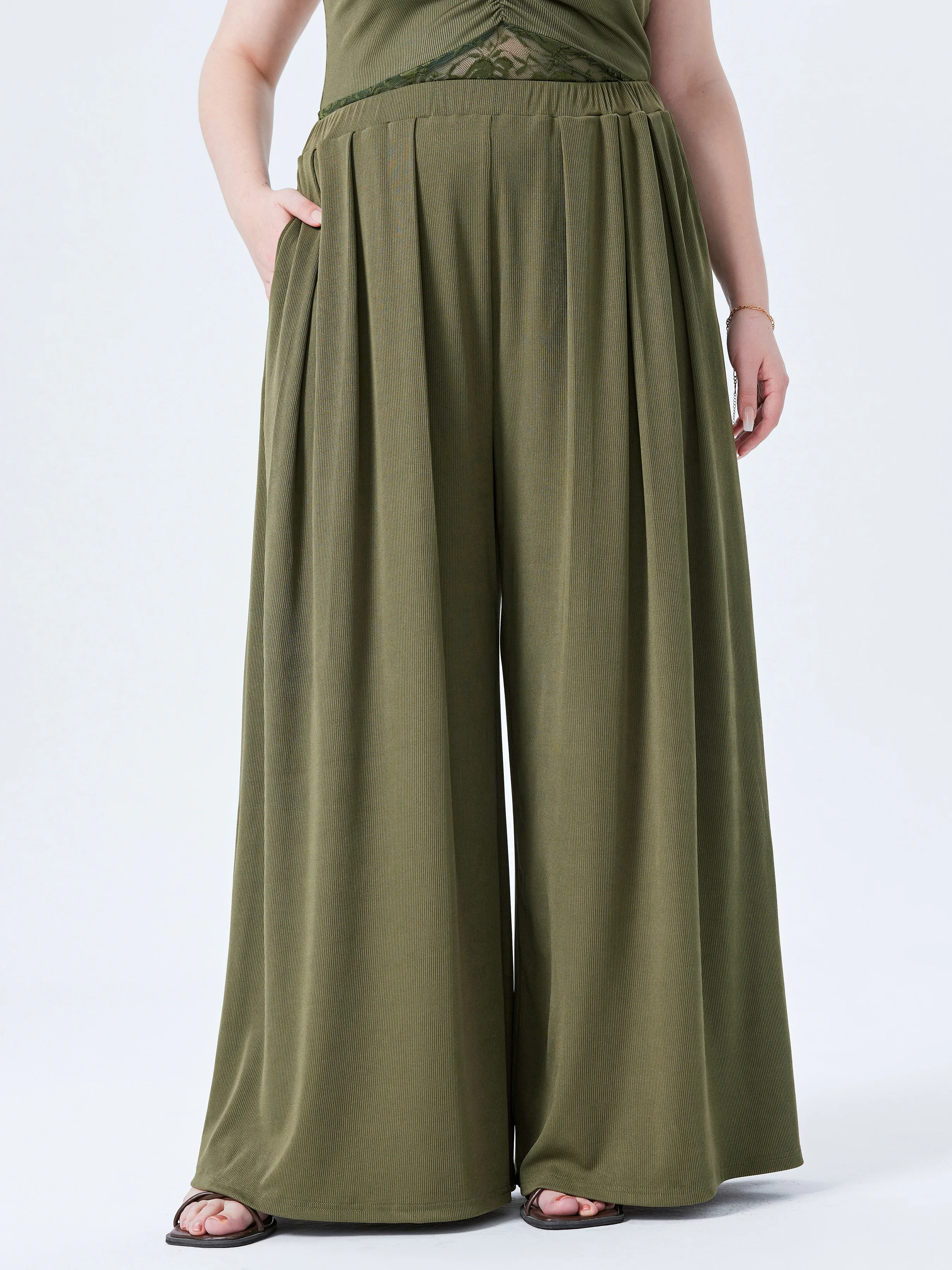  Pantalones Anchos de Pierna con Cintura Elástica y Bolsillo Sólidos Curvy