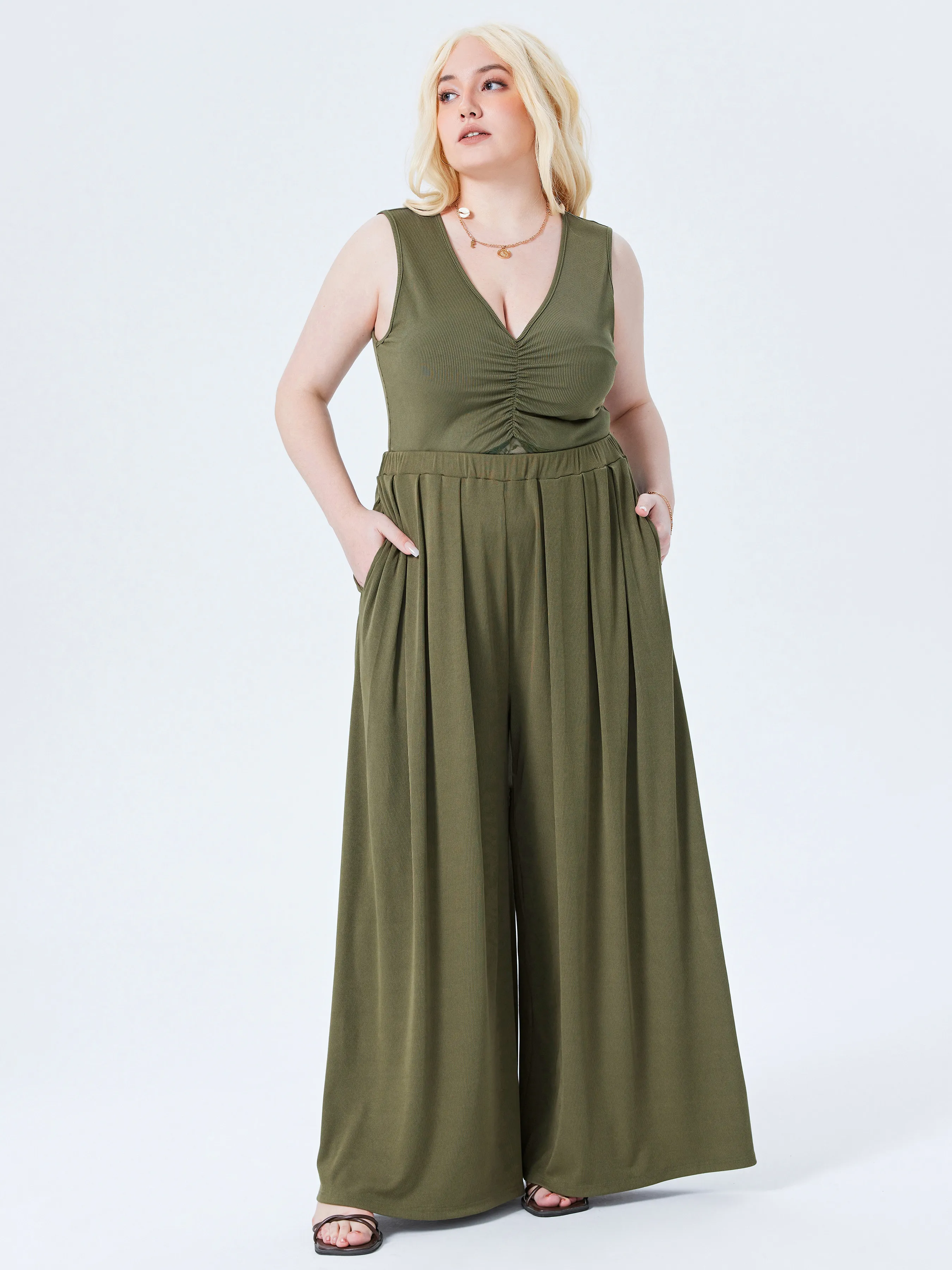  Pantalones Anchos de Pierna con Cintura Elástica y Bolsillo Sólidos Curvy